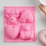 Форма для выпечки Доляна «Мишка и сердце», силикон, 17_15 см, 4 ячейки, цвет розовый