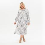 Платье миди А - силуэта, джерси - ангора нежно-серая, принт цветочный