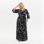 Платье длинное с V - вырезом, черное с бирюзовыми цветами