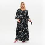 Платье длинное с V - вырезом, черное с бирюзовыми цветами