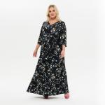 Платье длинное с V - вырезом, черное с бирюзовыми цветами