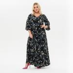 Платье длинное с V - вырезом, черное с бирюзовыми цветами