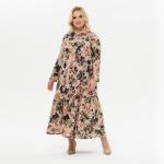 Платье каскадное, с карманами, ангора бежевая, принт цветочный