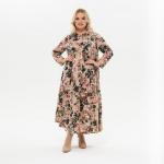 Платье каскадное, с карманами, ангора бежевая, принт цветочный