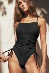 Black Ribbed Drawstring Sides Cutout One Piece Swimsuit