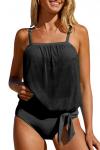 Black Striped Mesh Knotted Hem Tankini Swimsuit
