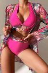 Rose Red 3pcs Tropical Contrast Trim Halter Bikini Set with Cover up