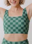 Green Checkered Print Square Neck Cropped Swim Top