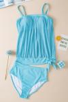 Turquoise Striped Mesh Knotted Hem Tankini Swimsuit
