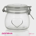 Банка для сыпучих Доляна «Сердце», 580 мл, 10.5?10 см, с бугельным замком, стекло, прозрачная