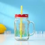 Банка с крышкой и трубочкой Доляна «Лама», 450 мл, 10?7.5?13 см, стекло, прозрачная, разноцветная