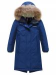 Парка зимняя подростковая для девочки с капюшоном и мехом темно-синего цвета 9536TS