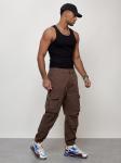 Джинсы карго мужские с накладными карманами коричневого цвета 2428K