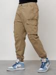 Джинсы карго мужские с накладными карманами бежевого цвета 2425B