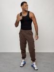 Джинсы карго мужские с накладными карманами коричневого цвета 2420K