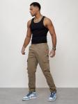 Джинсы карго мужские с накладными карманами бежевого цвета 2404B