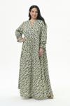 Платье длинное, с тунисским вырезом, каскадное, штапель фисташковый, принт растительный