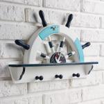 Вешалка настенная «Штурвал», крючки декоративные, 3 крючка на панно, бело-синяя, 45?28?5 см