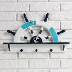 Вешалка настенная «Штурвал», крючки декоративные, 3 крючка на панно, бело-синяя, 45?28?5 см