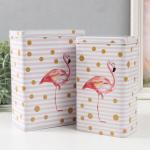 Набор шкатулок для хранения мелочей, украшений «Прямоугольная. Фламинго и золотой горох», 2 шт., металл