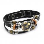 Браслет 3 в 1 из кожи с янтарем мозаика круг 18мм  цв.зеленый, черный, 18см