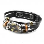 Браслет 3 в 1 из кожи с янтарем мозаика круг 18мм  цв.зеленый, черный, 18см