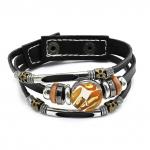 Браслет 3 в 1 из кожи с янтарем мозаика круг 18мм цв.молочный, черный, 18см