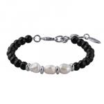 Браслет Селена (жемчуг белый, агат черный 6мм; покрытие родий) 17-22см