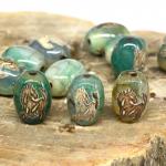 Бусина "Конь Тассо" из агата тибетского бочонок 10*14мм, цвет зеленый, 1 бусина