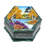 Шкатулка из змеевика с рисунком "Осень" 140*140*70мм