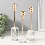 Подсвечник на 1 свечу «Ребро на подиуме», набор 3 шт., металл, акрил, золото, h=23; 21.5; 19.5 см