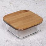 Контейнер стеклянный 300мл "Хай-Тек" квадратный с бамбуковой крышкой