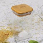 Банка для продуктов стеклянная 250мл "Хай-Тек" с бамбуковой крышкой, квадратная 6*10см