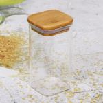 Банка для продуктов стеклянная 300мл "Хай-Тек" с бамбуковой крышкой, квадратная 6*12см