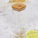 Банка для продуктов стеклянная 400мл "Хай-Тек" с бамбуковой крышкой, квадратная 6*15см