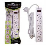 1-2.SALE сетевой фильтр ПВС 3х0.75 5роз. 3м 10А БЕЛЫЙ, земля, выкл. E1M 901417