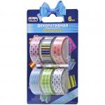 Клейкая лента декоративная 15 мм*5 м, 6 шт, разноцветная, бумажная, 51716
