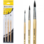 Кисти BRAUBERG, НАБОР 3 шт., (беличья круглая № 2,4,6), блистер, 200216