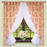 Комплект штор для кухни № 044, (170*140)х2(170*300) лилии-оранжевый (вуаль)