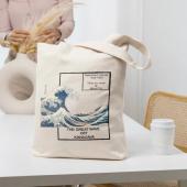 Кацусика Хокусай "Большая волна в Канагаве" | Сумка-шоппер на молнии, с внутренним карманом, р-р 38х34см/ высота ручек 27см (бежевый лен)