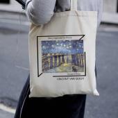Винсент ван Гог "Звездная ночь над Роной" | Сумка-шоппер на молнии, с внутренним карманом, р-р 38х34см/ высота ручек 27см (бежевый лен)