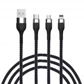 ВСЁГАЗИН Кабель для зарядки 3 в 1, iP/Micro USB/Type-C, 1.5м, 2.1А, тканевая оплётка, черный