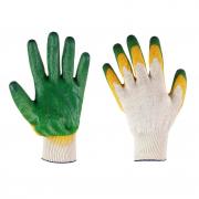 Перчатки 13 класс вязки х/б с латексным двойным обливом, Россия (зелено-желто-бежевые, тонкие)