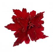 СНОУ БУМ Цветок Пуансеттия на клипсе 25 см, металл, глиттер, полиэстер, красный