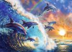 "Дельфины на волне" живопись на холсте 40х50