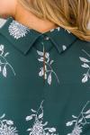 Блуза с воротником стойка, креп принт цветы на зеленом
