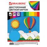 Картон цветной А4 ТОНИРОВАННЫЙ В МАССЕ, 24л. 12цв., в пленке, 180г/м2, BRAUBERG, 210х297мм, 129309