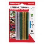 Клеевые стержни, диаметр 7мм, длина 100мм, цветные (ассорти), С БЛЕСТКАМИ, КОМПЛЕКТ 6 штук, BRAUBERG