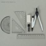 Циркуль металлический в пластиковом пенале, с механическим карандашом, грифелями, ластиком, линейкой, 2 треугольниками и транспортиром, МИКС