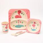 Набор бамбуковой посуды "Розовый фламинго", тарелка, миска, стакан, приборы, 5 предметов